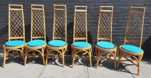 Set of 6 x Vintage 1960 - 70s Cane High Back Dining Chairs - original Blue Cushi
