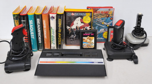 Vintage Atari Game Console, Joysticks & Games inc Commando, Tomcat, Battle Z