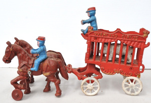 Vintage cast iron Kenton Overland Circus horse drawn wagon with polar bear, post
