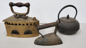 2 x Metal Items incl Chinese Brass Coal Clothes Iron, Japanese Cast Iron Teapot