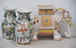 3 x AF Oriental Ceramic Pieces incl An Elepehant & Pair of Ceramic Vases