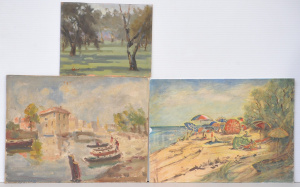 3 x Unframed Paintings - Tonal Landscape oil signed Holoway, Busy Beach Scene si