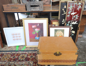 Group Lot of Mixed Framed Pictures & Cane Chest