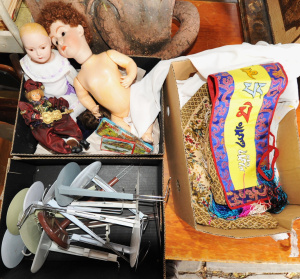 Small Mixed Lot of Dolls, Oriental styled clothing & Stands