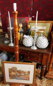 Lot 9 - Grp of modern & vintage decorative items inc turned wood standard la