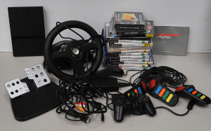 Lot 21 - Sony Play Station 2 Slim with 2 x controllers (1 3rd party), Fanatec Sp