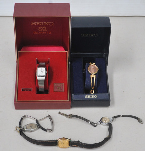 Lot 33 - Grp ladies vintage watches - 2 boxed Seiko Quartz + 3 incl VYMO, Seiko