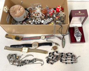 Lot 35 - Box lot incl 5 watches,2 x Citizen, Proctor & costume jewellery, h