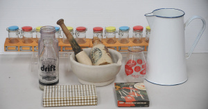 Lot 44 - Lot of vintage and modern kitchenalia inc large enamelled jug (28cm H),