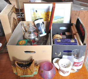 Lot 53 - Lot of Mixed Items incl Mixed Ceramics, Framed Painting, Coloured Glass