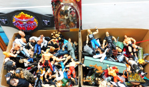 Lot 59 - Large group of 2 boxes of wrestling figures and accessories inc WWF, WC