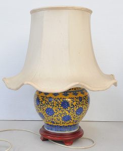 Lot 63 - Chinese Blue & Yellow Ceramic lamp fixed to wooden base with white