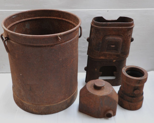 Lot 72 - Group lot of vintage metal items inc large can labelled D Fahring (44cm