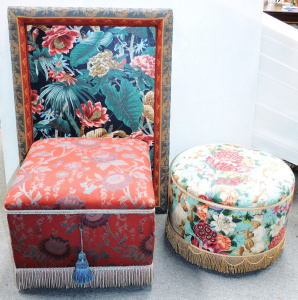 Lot 79 - 2 x pouffes, 1 of which open for storage, and an upholstered framed Ben