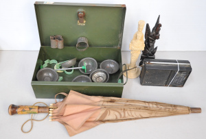 Lot 90 - Small Lot of Mixed Items incl 1930s Parasol, Green Enamel Money Box, Sm