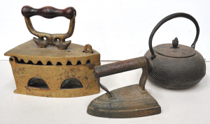 Lot 105 - 2 x Metal Items incl Chinese Brass Coal Clothes Iron, Japanese Cast Ir