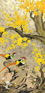 Lot 116 - Oriental lacquer ware wall panel feat exotic birds, blossom etc 100cms