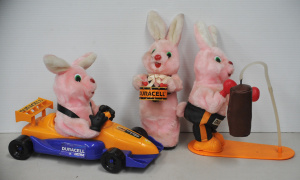 Lot 130 - 3 vintage Duracell Bunnies with a drum (37cm H), boxing bag, and in a