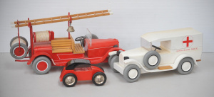 Lot 134 - 3 x vintage Vilac French Made Wooden Toys - Fire Truck, Ambulance + Sp
