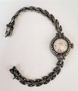 Lot 184 - Ladies Sterling Marcasite cocktail watch - works, made in Germany
