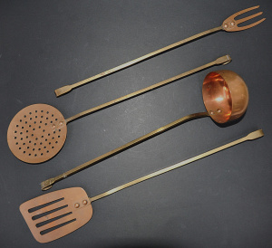 Lot 194 - 4 Vintage Copper Cooking Utensils - Brass handles inc Ladle, strainer,