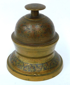 Lot 203 - Vintage Indian etched brass elephant claw bell with stand - 14cm H