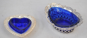 2 x Vintage Salts with blue glass liners inc heart shaped sterling Hmarked Birm