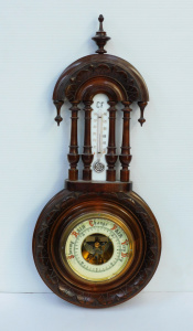 Vintage Carved Wall barometer with enamel gauges - 4 columns & carved leaf d