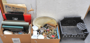 Lot 24 - Large mixed 2 box lot + cast iron fire grate inc marionette, obsolete w