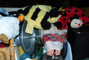 Lot 27 - Large mixed lot of 4 boxes + extras inc speakers, soft toys, household