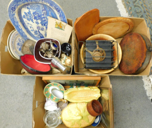 Lot 29 - 3 x Boxes mostly Kitchenalia inc Wooden butchers blocks, Blue & Whi