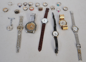 Lot 45 - Assorted Silver Rings & Watches incl Nurses Watch, Rolex Ladies Wat