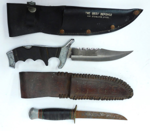 Lot 48 - 2 vintage leather sheathed belt knives, one sheath inscribed with 8th A