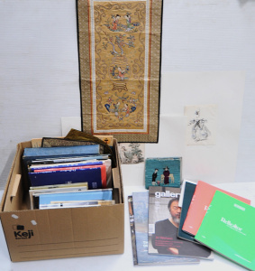 Lot 60 - Box lot of art reference books and catalogues, Chinese embroidered silk