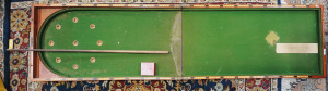 Lot 63 - Vintage fold up mahogany Bagatelle table with set of 9 balls and cue -