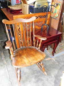 Lot 65 - Group occasional furniture inc vintage oak rocking chair, teak framed w