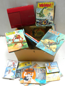 Lot 73 - Box lot of kids' items inc PS3 slim console & Minecraft disk (no co