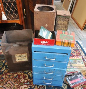 Lot 75 - Lot of Mixed Items incl Assorted Tins, Four Drawer Wooden Cabinet, Mixe