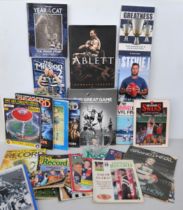Lot 79 - Box of Assorted AFL Items incl Books, Records, Gary Ablett Glass Tankar