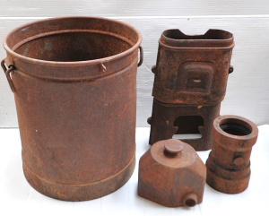 Lot 83 - Group lot vintage metal items inc large can labelled D Fahring (44cm H)