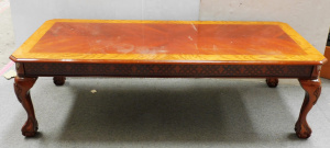 Lot 92 - Claw and ball footed coffee table with various timber inlays - 135cm L