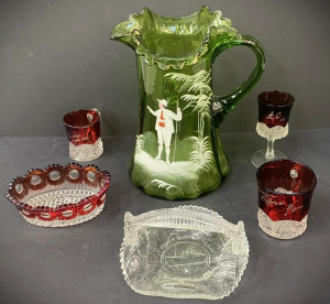 Lot 109 - Group lot of Vintage Glass inc Victorian Green Mary Gregory Jug - ruff