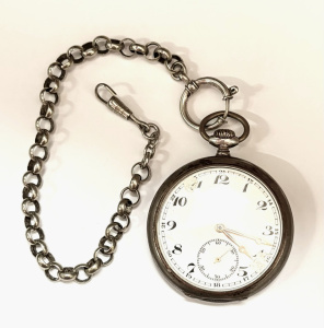 Lot 184 - Gents Swiss 800 silver half hunter pocket watch, working, damage to fa