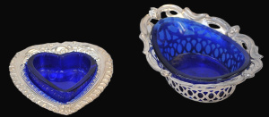 Lot 185 - 2 x Vintage Salts with blue glass liners inc heart shaped sterling Hma