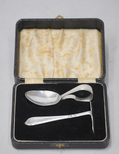 Lot 187 - c1937 Birmingham Sterling silver Cased Christening Set - Spoon & F