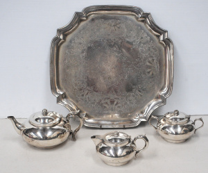 Lot 203 - 4 Piece Roba Challenge EPNS Tea Service Set w Engraved Tray, Sugar Pot