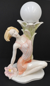 Lot 213 - 1980s Italian Ceramic Figural Lamp a Woman w Flowers - Made in Italy