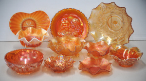 Lot 219 - 10 pces Vintage Marigold Carnival glass inc Aust Crown Crystal Shrike