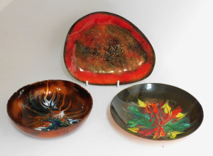 3 x Mid Century Copper Enamel bowls inc signed Ben-Arieh 15cm D Joy & Kay Sw
