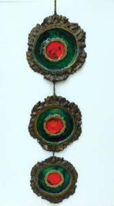 Lot 8 - Retro 1970s 3 piece Pottery Wall Hang - Red & Orange circular design